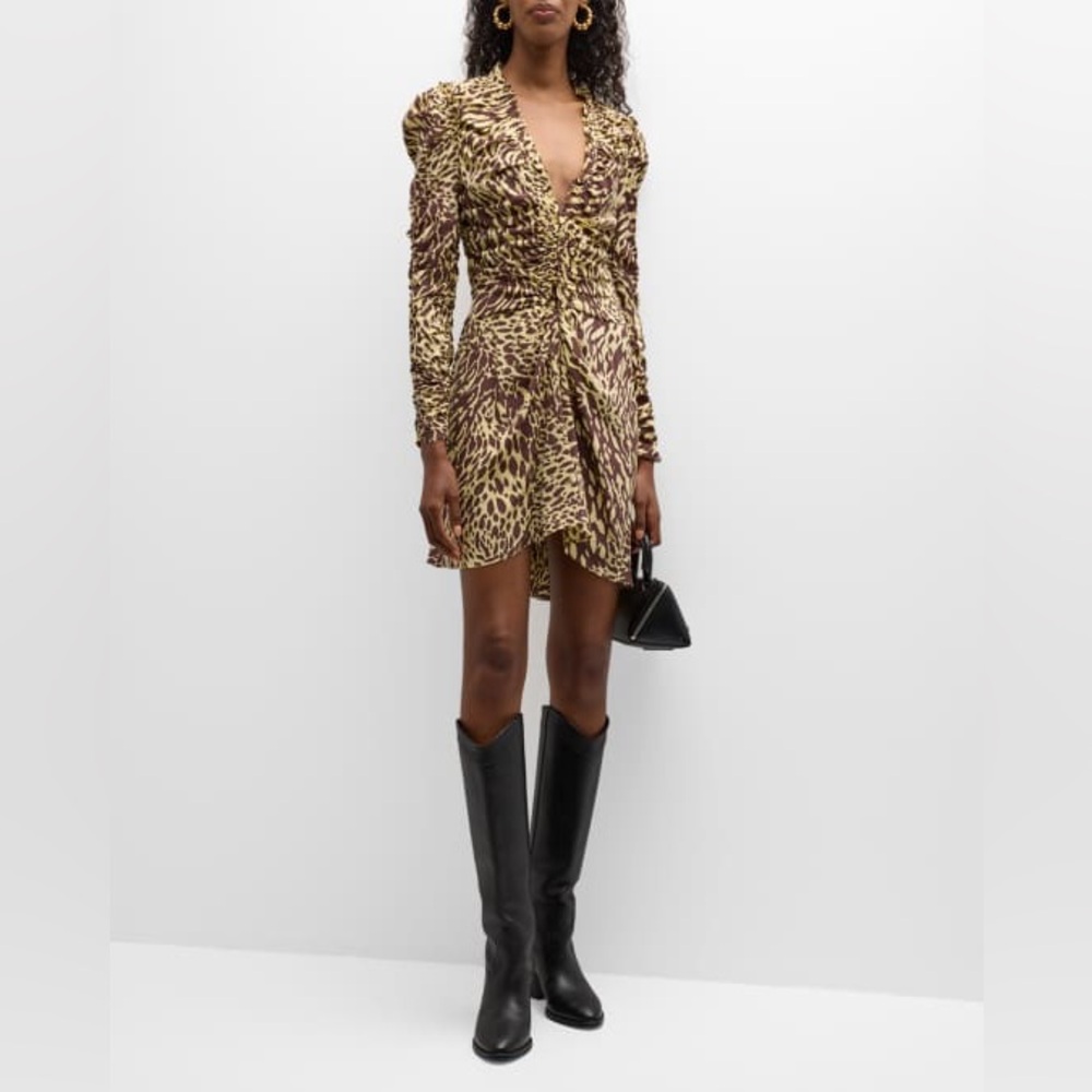 A.L.C. Marcie Silk Long Sleeve Leopard Print Ruched Wrap Mini Dress 4